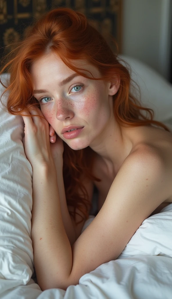 a young nude redhead teen, laying on bed spreading vagina lips, beautiful detailed eyes, beautiful detailed lips, extremely detailed face and skin, longeyelashes, best quality,4k,8k,highres,masterpiece:1.2),ultra-detailed,(realistic,photorealistic,photo-realistic:1.37),HDR,UHD,studio lighting,,sharp focus,physically-based rendering,extreme detail description,professional,vivid colors,bokeh,closeup,detailed anatomy,erotic,sensual,intimate,solo female