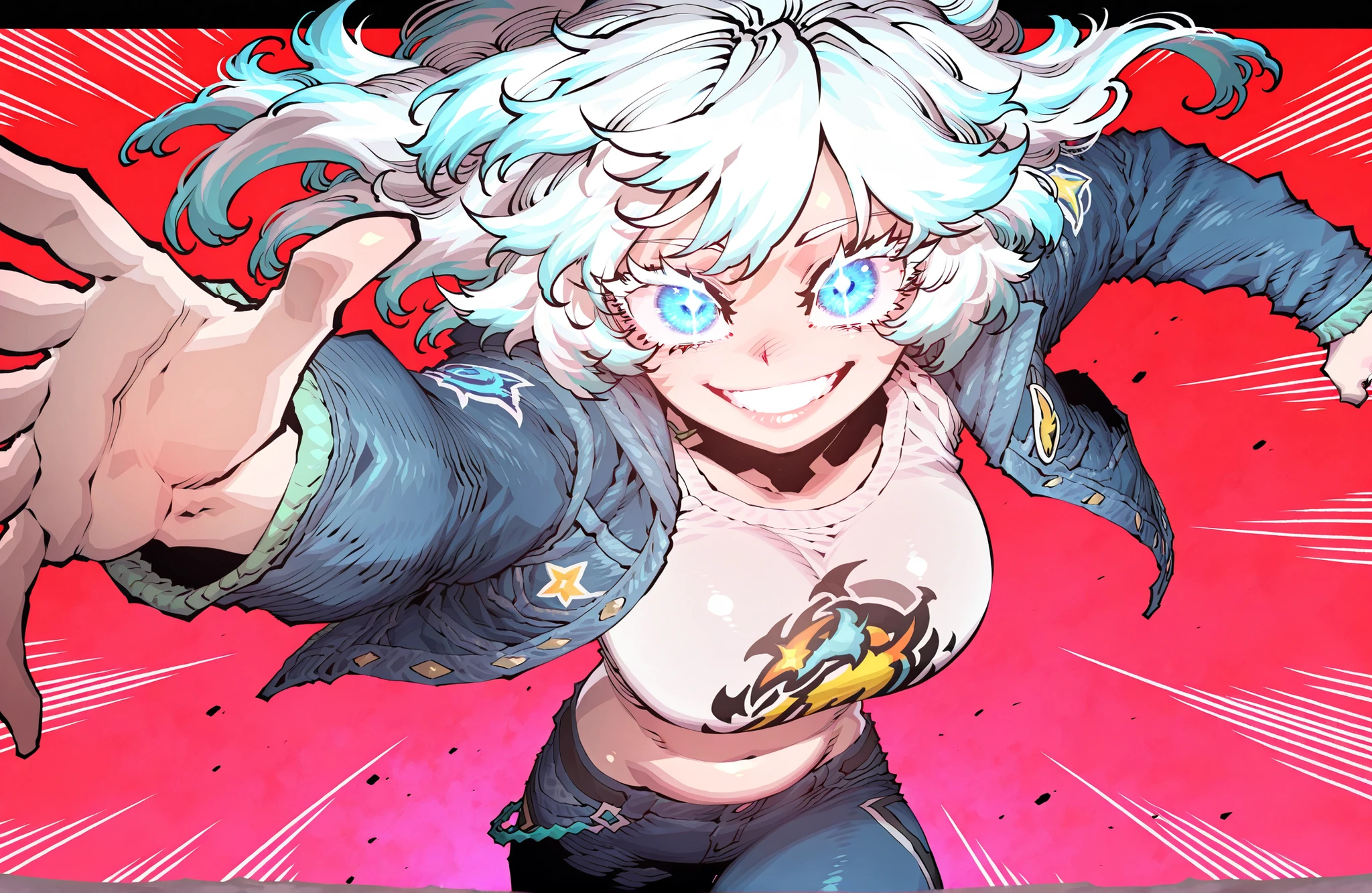 expressive eyes, expressive (bright blue) eyes, detailed eyes, anime eyes, douyin eyes, high detail eyes, multicolored iris, detailed iris,long eyelashes,big white eyelashes, full lashes,Glowing, glowing eyes,Lightrider in Casual Style from fortnite,curvy body,white messy hair,shiny blue eyes,simple flat red background,large breasts,pink soft lips,naughty smiling expression,running with open right hand stretched out to the viewer,ssambatea artstyle,blue jeans jacket,no more person,tiny belly,big smile