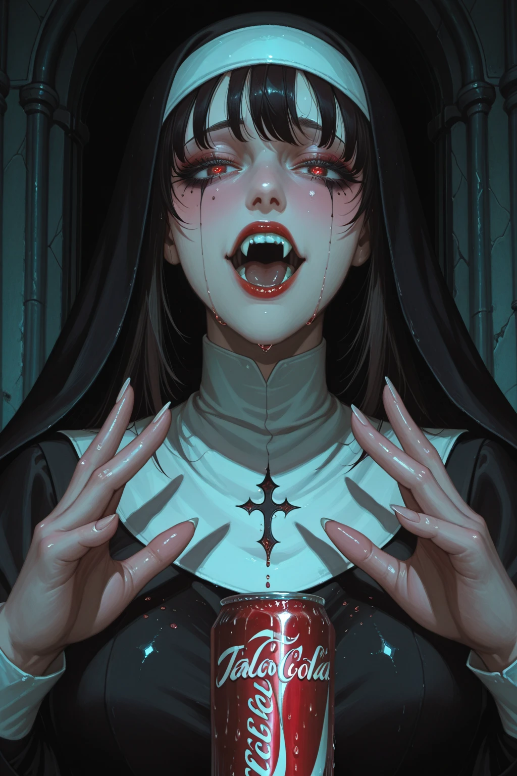 CarnageStyle, (WHITE AND BLACK:1.35), portrait of a possessed nun, bible, catholic, religion, cross, praying, intricate, headshot, highly detailed, [nsfw digital painting:50], artstation, concept art, nipples, bloody , erotic horror, sharp focus, cinematic lighting, illustration, art by artgerm and greg rutkowski, alphonse mucha, cgsociety, dark,tongue,gore, (Masterpiece:1.3) (best quality:1.2) (high quality:1.1), (rough fucked by a horny demon, vaginal creampie:1.1)