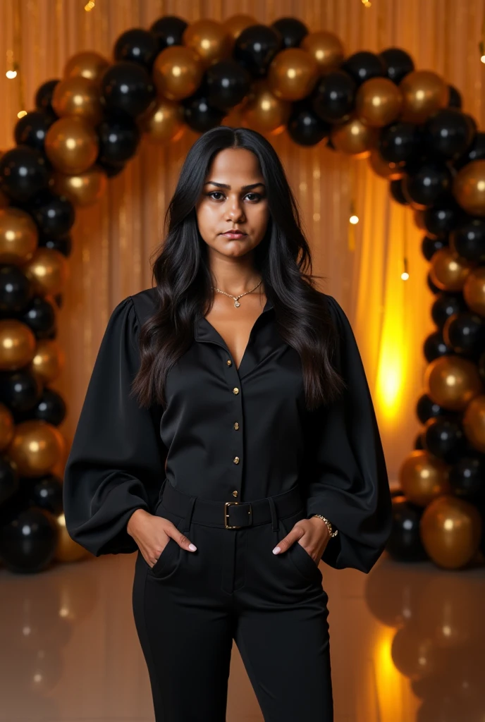 (medium full shot) of (dazzling disco dancer) young woman, indian, brown eyes, deep skin tone, curvy, long, straight hair,             wearing shimmering bronze disco shirt with wide collar,disco shorts,shiny pumps,  chunky hoop earrings, shimmery blush, smiling at the viewer,  set in  a tropical rooftop party, with palm trees, tiki torches, a dance floor that feels like a beachside paradise, where the music and vibes are always on point , with flashing lights, ,Masterpiece,best quality, photorealistic, amazing quality, very aesthetic, extremely detailed face,
