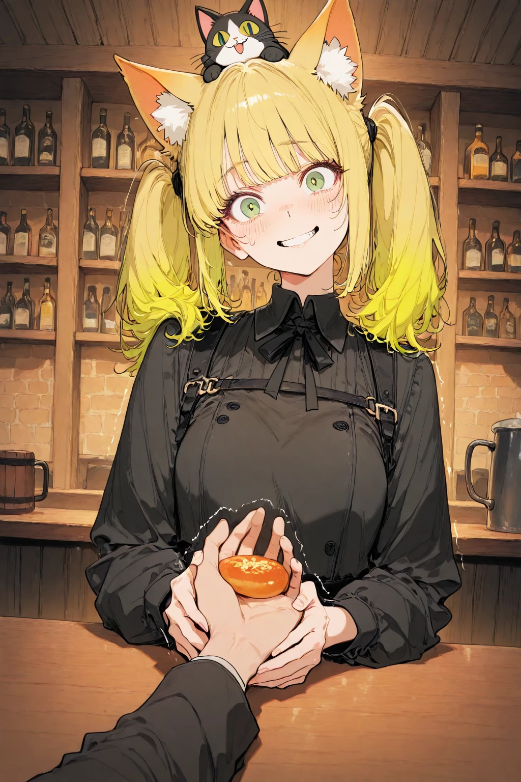 A person enters a bar, you can only see the person's hand, their hand trembling because of what she sees inside the bar, inside the bar there are a lot of bandits and people who look threatening looking at the person who entered the bar, the bandits are sitting at different tables, the bar looks medieval, the bandits drink big mugs of beer, in the middle of the bar there is a girl, 1girl, The girl is a cat girl, she has cat ears on her head, the eyes Cats with yellow fur, the girl has yellow hair, with two pigtails on the sides of her head, has green eyes,  with cat pupils , her mouth open in a smile, her upper lip in the shape of a W, you can see a fang in her mouth smiling, the girl is wearing a black servant suit, the costume is clean and shiny, the girl has a food menu in her hand, the girl looks happy to attend to the person who entered the bar, the girl is very out of tune with the rest of the bar that is full of bandits and threatening people who would make anyone nervous, 8K,