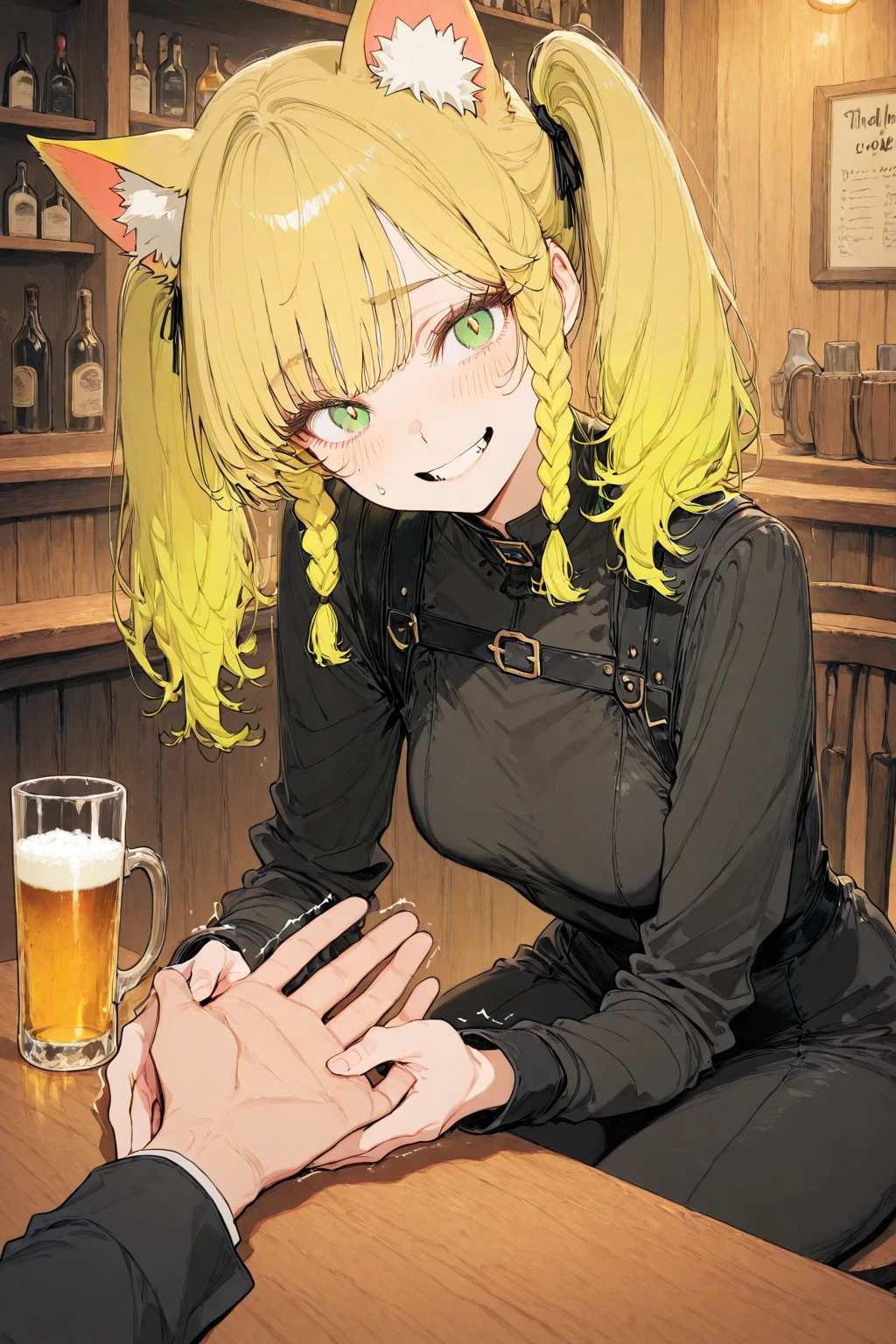 A person enters a bar, you can only see the person's hand, their hand trembling because of what she sees inside the bar, inside the bar there are a lot of bandits and people who look threatening looking at the person who entered the bar, the bandits are sitting at different tables, the bar looks medieval, the bandits drink big mugs of beer, in the middle of the bar there is a girl, 1girl, The girl is a cat girl, she has cat ears on her head, the eyes Cats with yellow fur, the girl has yellow hair, with two pigtails on the sides of her head, has green eyes,  with cat pupils , her mouth open in a smile, her upper lip in the shape of a W, you can see a fang in her mouth smiling, the girl is wearing a black servant suit, the costume is clean and shiny, the girl has a food menu in her hand, the girl looks happy to attend to the person who entered the bar, the girl is very out of tune with the rest of the bar that is full of bandits and threatening people who would make anyone nervous, 8K,