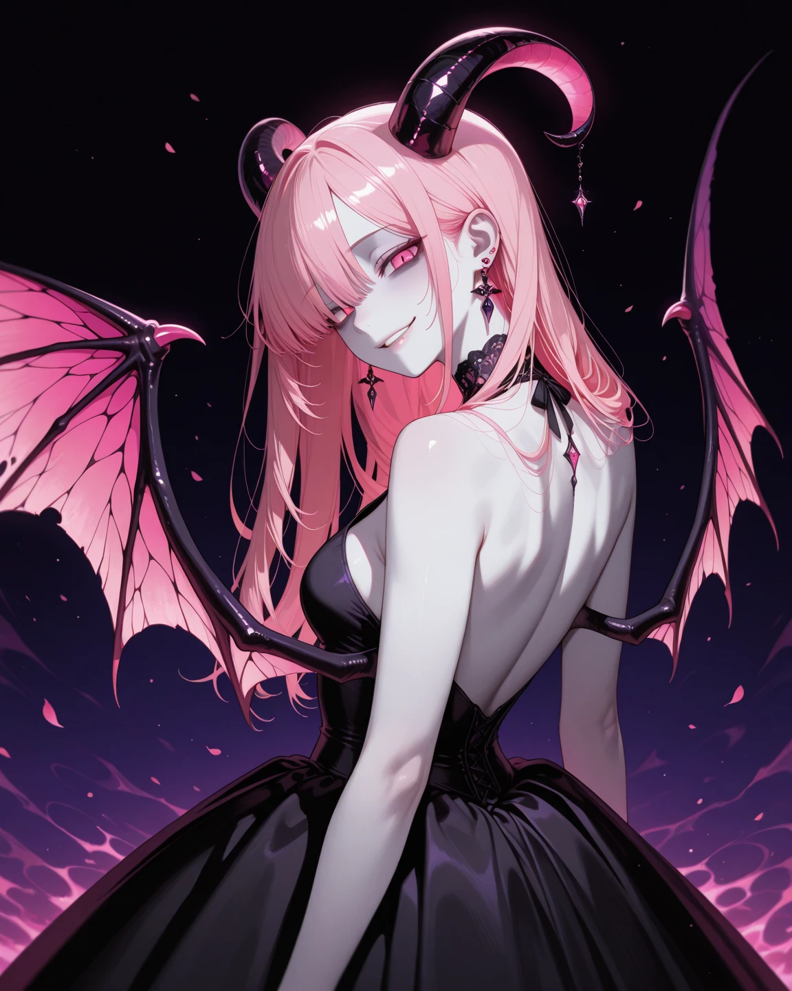 1girl, solo, long hair, breasts, looking at viewer, smile, hair ornament, red eyes, dress, animal ears, hair between eyes, bare shoulders, jewelry, pink hair, wings, choker, artist name, cat ears, black dress, watermark, moon, bat wings, furry, colored sclera, black wings, furry female