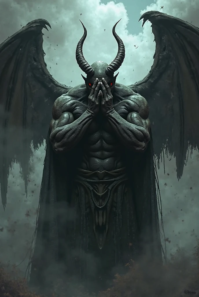 A somber and powerful depiction of Satan, shown seated with a posture of defeat and sorrow. His wings, large and tattered, drape down around him, and his muscular body is hunched over in despair. His hands cover his face, as if overwhelmed by grief, and his horns curl menacingly from his head. The scene is dark and atmospheric, with muted, earthy tones that enhance the sense of hopelessness. Light shines dimly from above, casting shadows on his form and highlighting the textures of his skin, muscles, and wings. The overall mood is one of deep sorrow and fallen power.