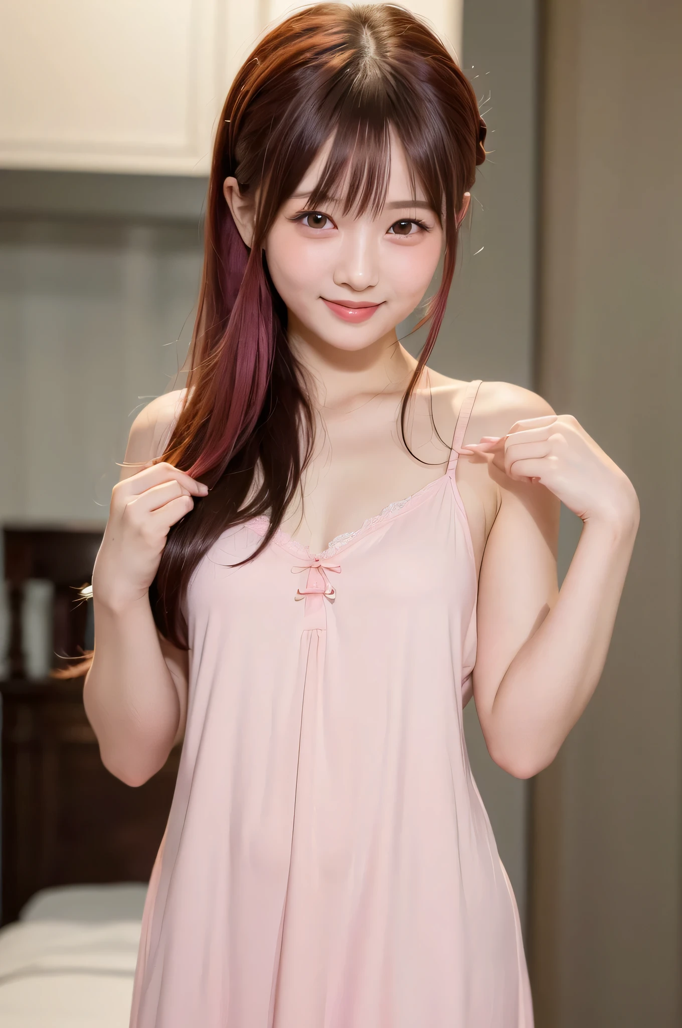 (masterpiece, high quality, highres,Highest picture quality), (Master's work),(pink theme :1.3),indoors,simple background,blurry background,warm light,heart, [(white background:1.2)::5],(from above:1.05),full body, 
,solo,collarbone, necklace,ornament,(blush:0.6), (heart ahoge:0.9),teasing, (makeup:0.5), small breasts, (head tilt:0.75),twintails,
bare shoulders, shiny skin, shiny hair,long hair, smile, fangs,light smile, upskirt, naughty face,(heart-shaped pupils,bright pupils:1.1),
