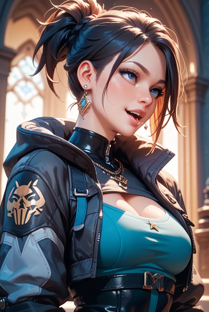 best quality,4k,8k,highres,masterpiece:1.2),ultra-detailed, extremely detailed eyes, extremely detailed body, (large masterpiece digital art), (detailed manga illustration), (detailed line art), ((perfect anatomy)), (intricate details:1.3), (ultra-detailed:1.3), (illustration:1.3), (sharp focus:1.3), (natural lighting:1.05), (vivid colors:1.3), (masterpiece), expressive eyes, perfect face, 1 girl, breasts, cleavage, gloves, large breasts, casual clothes, white shirt, tee shirt, denim jacket, jacket, {blue hair}, medium hair, wavy hair, (gray eyes), black denim shorts, shorts, dynamic pose, Huge ass, curvy, fur trim, hair bun, black ankle boots, cinematic lighting, heroic atmosphere, Beautiful woman, Atey Ghailan, Jeremy Mann, Greg Manchess, Antonio Moro, trend in ArtStation, trend in CGSociety, Intricate, High Detail, Sharp focus, dramatic and photorealistic painting art by Midjourney and Greg Rutkowski, Marvel Cinematic Universe style, (((mystical gothic castle in the background))),