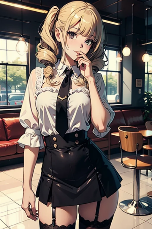 a woman wearing a black skirt, black sheer nylons, high heels, and a skimpy white blouse in a cafe, looking cute and at the viewer, realistic, high quality, 4k, photorealistic, detailed facial features, beautiful detailed eyes, beautiful detailed lips, extremely detailed face and eyes, long eyelashes, warm lighting, cinematic, elegant, sensual, atmospheric cafe interior, delicate, feminine