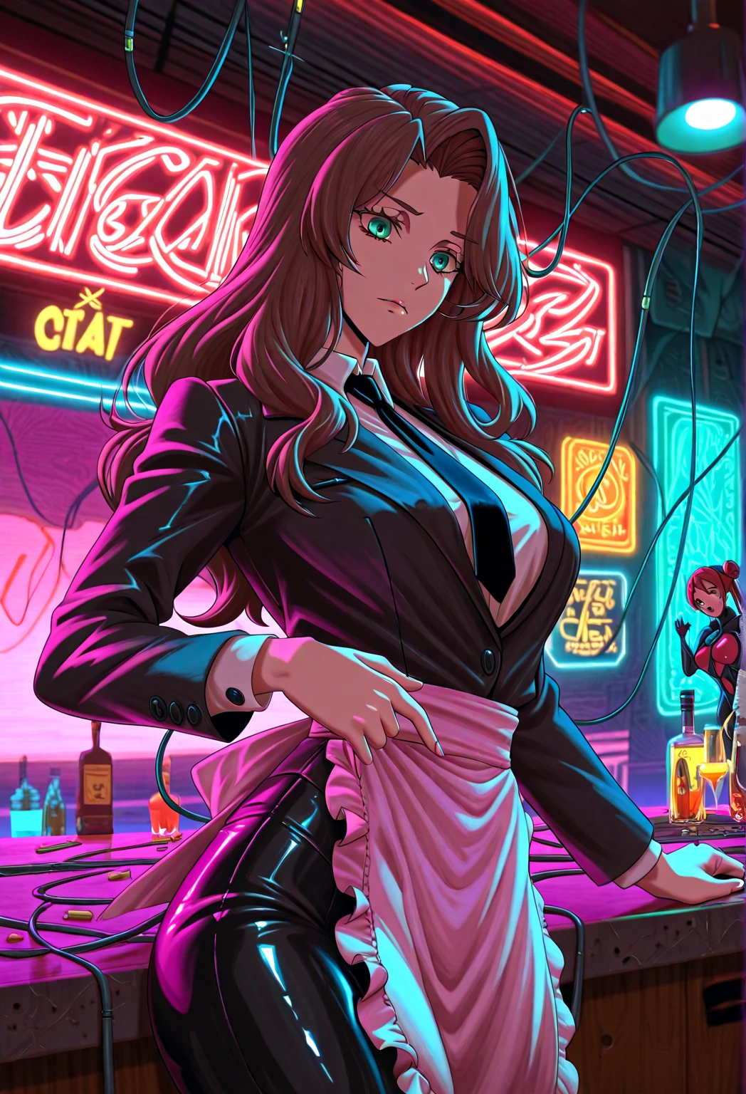 a drawing of a woman with a pink blouse and black pants, kate bishop, comic character, zenoscope, comic book character, digital comic, digital comic art, digitally colored, breasts big!, female main character, high quality color drawing, beautiful comic art, comic pinup style, painted and colored, Wanda Maximoff, character is in his natural pose
