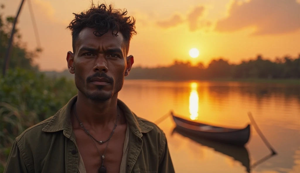 Man waiting if his son arrives at the bank of the Magdalena River, in a jungle setting and the sad, animated image and boats can be seen, an older man , exhausted and crying a lot, looking towards the river and waiting for his son, The man, about 40 or 45 years old, watching the river., that does not have a beard