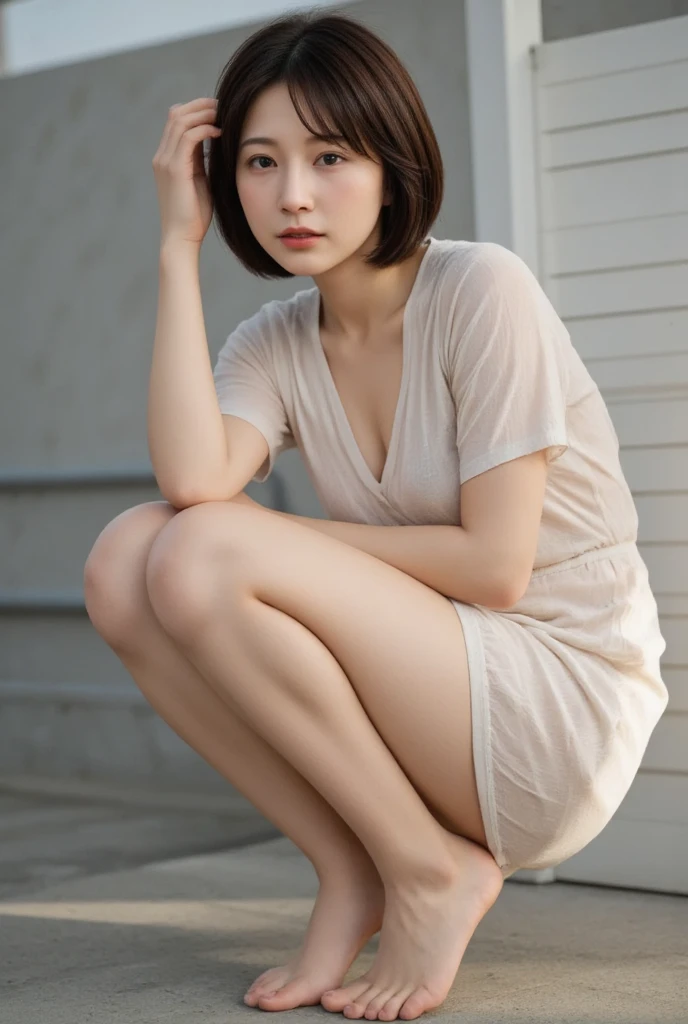 (Best Quality, 8k, 32k, Masterpiece, UHD: 1.2), Cute Japan Woman Picture, Short Hair, M-Shaped Legs Sitting, White Open Shirt, Simple Background, High Heels, Camel Toes, Beautiful Legs, Glossy Skin