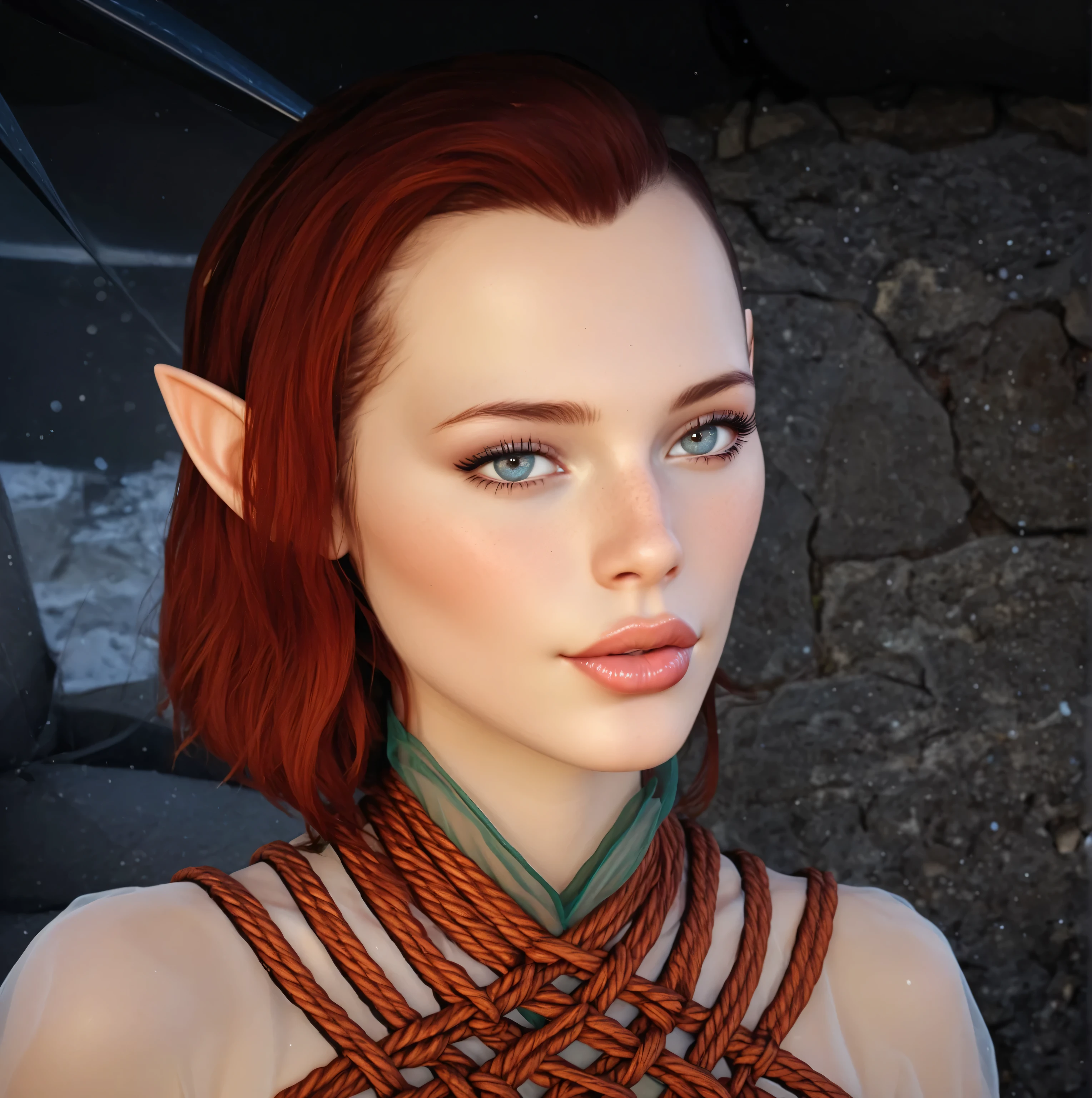 dragon age inquisition, elven character, elf woman, she has elf ears, female character, Perfect round medium breasts, short red lesbian hair, juicy lips, sexy body, slim waist, thin, skinny, scantily clad, translucent clothing, ornate embroidery, shibari
