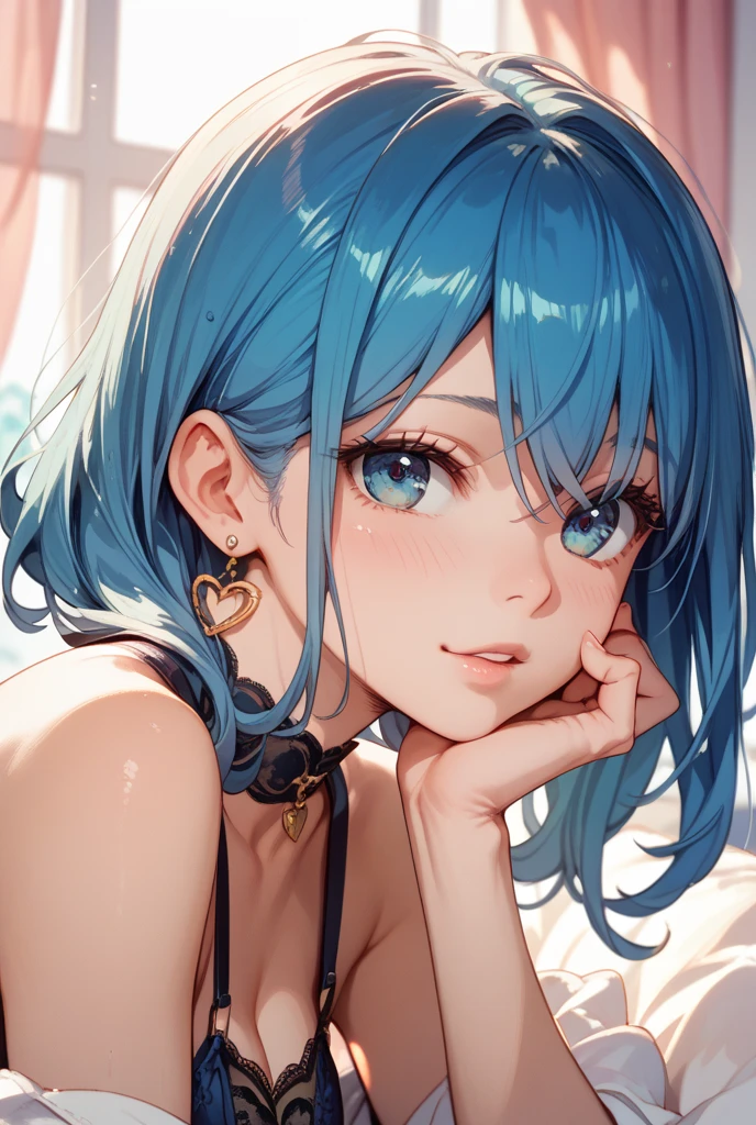 Masterpiece, of the best quality, a blue-haired woman answering the phone, with an angry expression, bedroom, in bed, Artie Guéran style