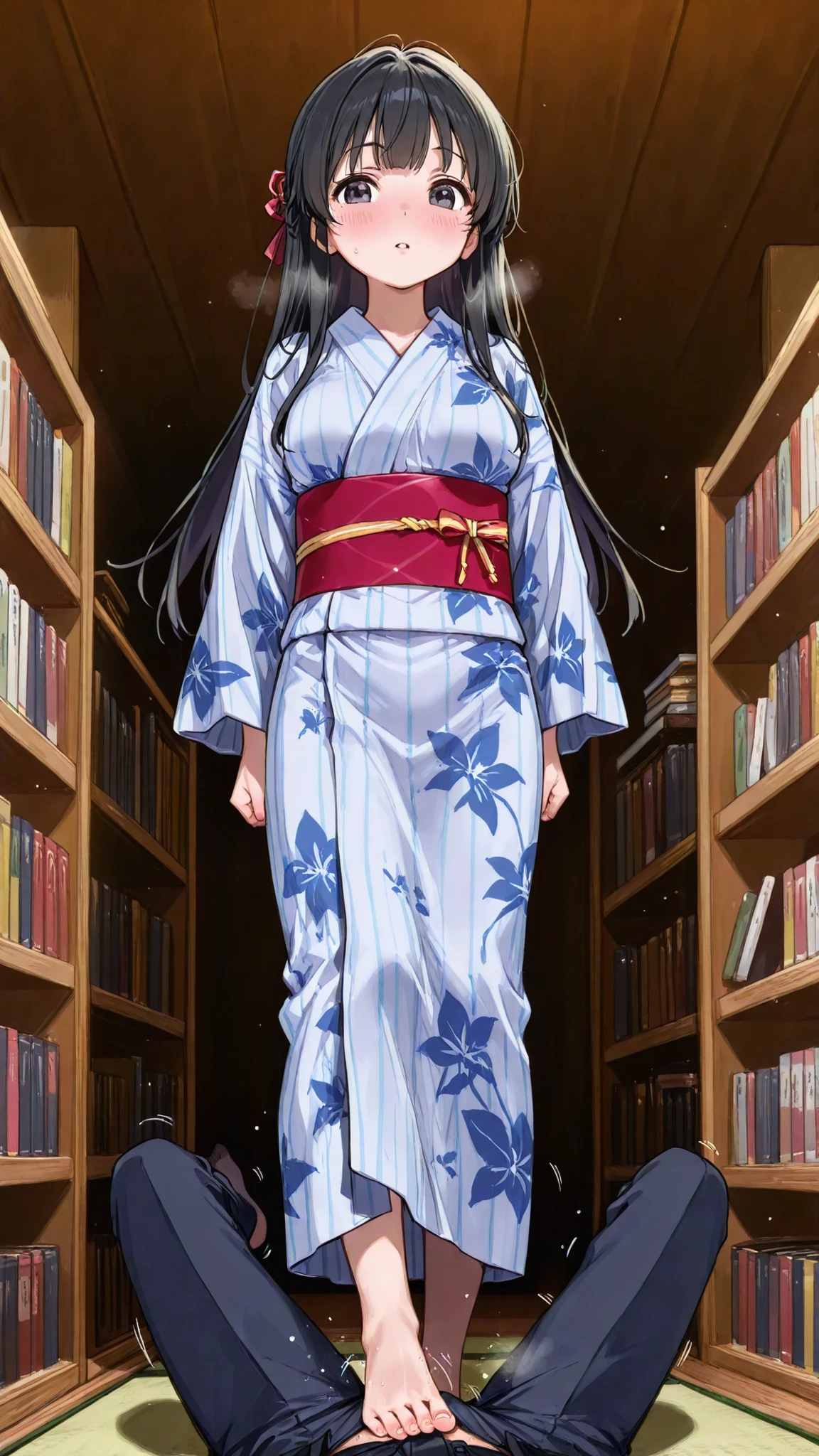 Woman in yukata long black hair in the library make your whole body visible Men and women stand face to face Women do foot jobs on male genitals