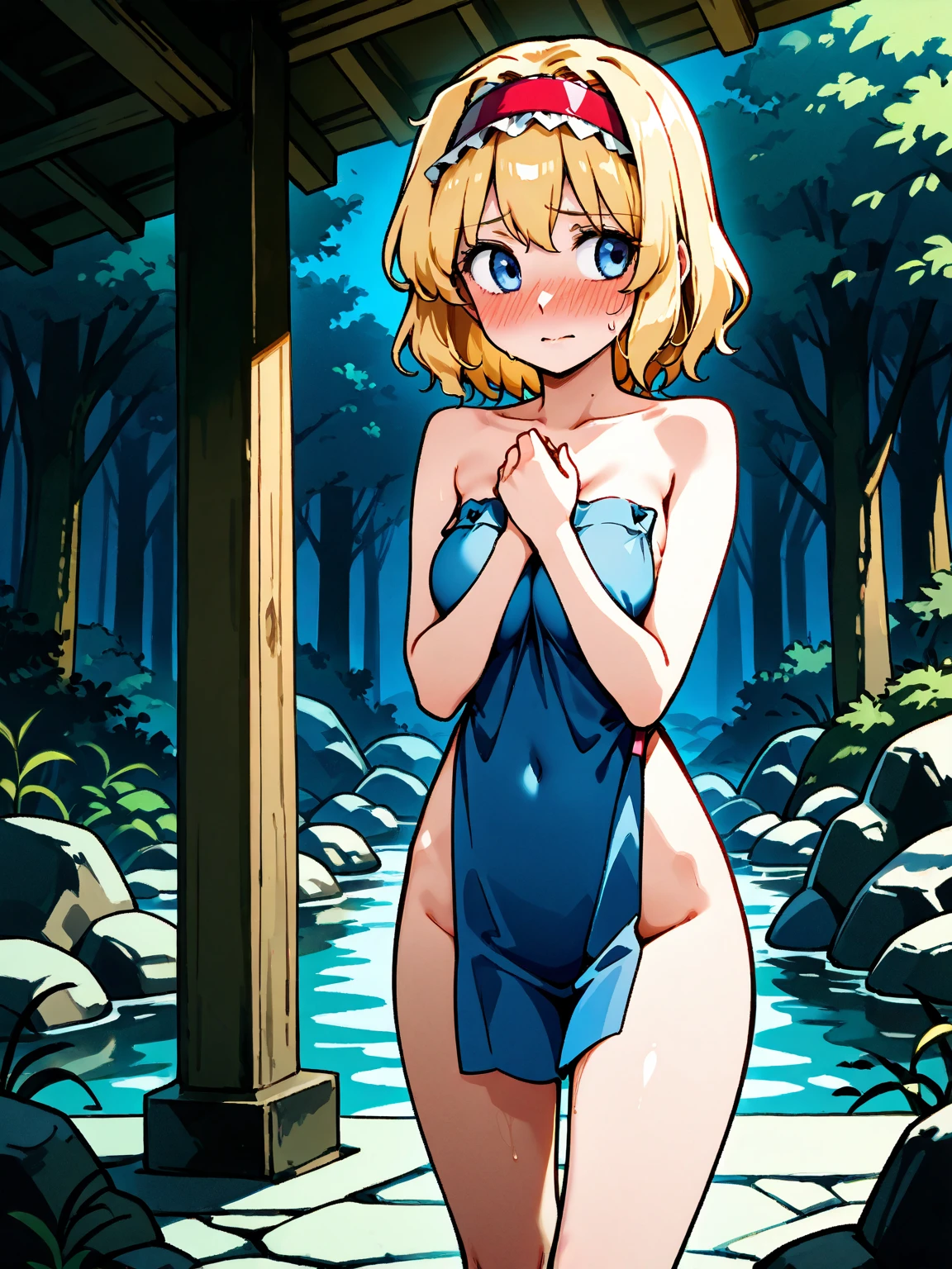 anatomically correct,masterpiece, highest quality, 1 girl, looking at the viewer, blue eyes, closed mouth, (Urgent 1:0.7) ,blonde、(masterpiece),(highest quality:1.0), (ultra high resolution:1.0), Detail view, 8K, anime, masterpiece、provocative look　Fair skin　very fine eyes、upper thigh、Highest quality detailed eye, ,sunny meadow background、Detailed、naked、shiny nipples,from below