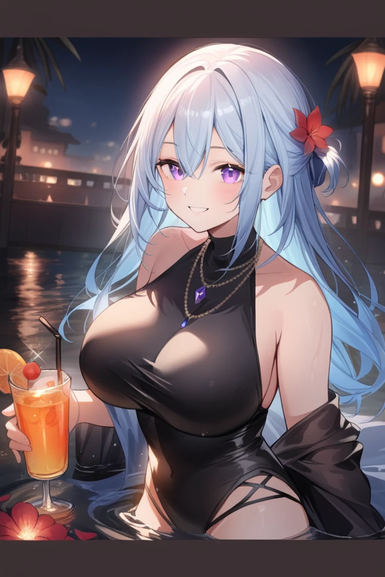 Private rooms at the bar，1girll，anime big breast，white skinned，Purple medium-long curly hair，Long blue dress，Holding a wine glass，Lots of wine on the table，8k