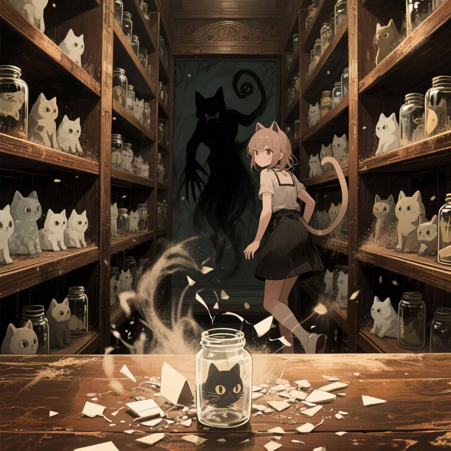 a sexy girl in a sexy dress tends the store at the counter, fantastic store, Fantasy world, dark, disturbing, strange, unnatural, (Rembrandt Lighting: 1.3) light particles, lens flares, store with several tentacles inside large jars, , a woman shopping, live tentacles for sale inside jars, side chest, forest cat on stage, close-up of the upper part of the body, artistic masterpieces that will go down in history, fantastic backgrounds, memorable scenes, fantastic angles (masterpiece : 1.2), (best quality: 1.2), intricate details, newest, AI generated (Bill Sienkiewicz inspired art, intricate details, oil painting)