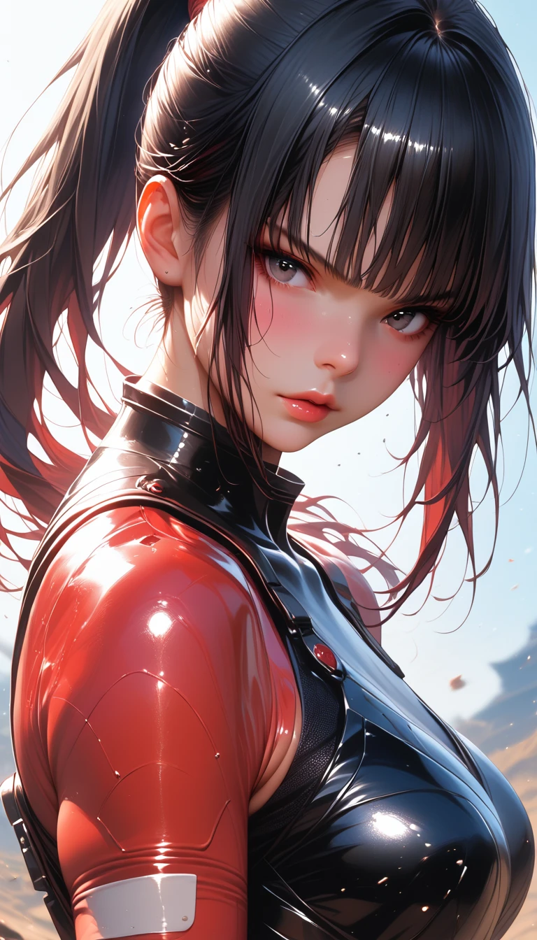 anime (mato seihei no slave), female young , sexy (very big tits), actress (Konomi Tatara), brown hair, tied up into a ponytail in the back using a black band and reddish-brown eyes, military body suit , She uses her fists to punch monsters in the dungeon.