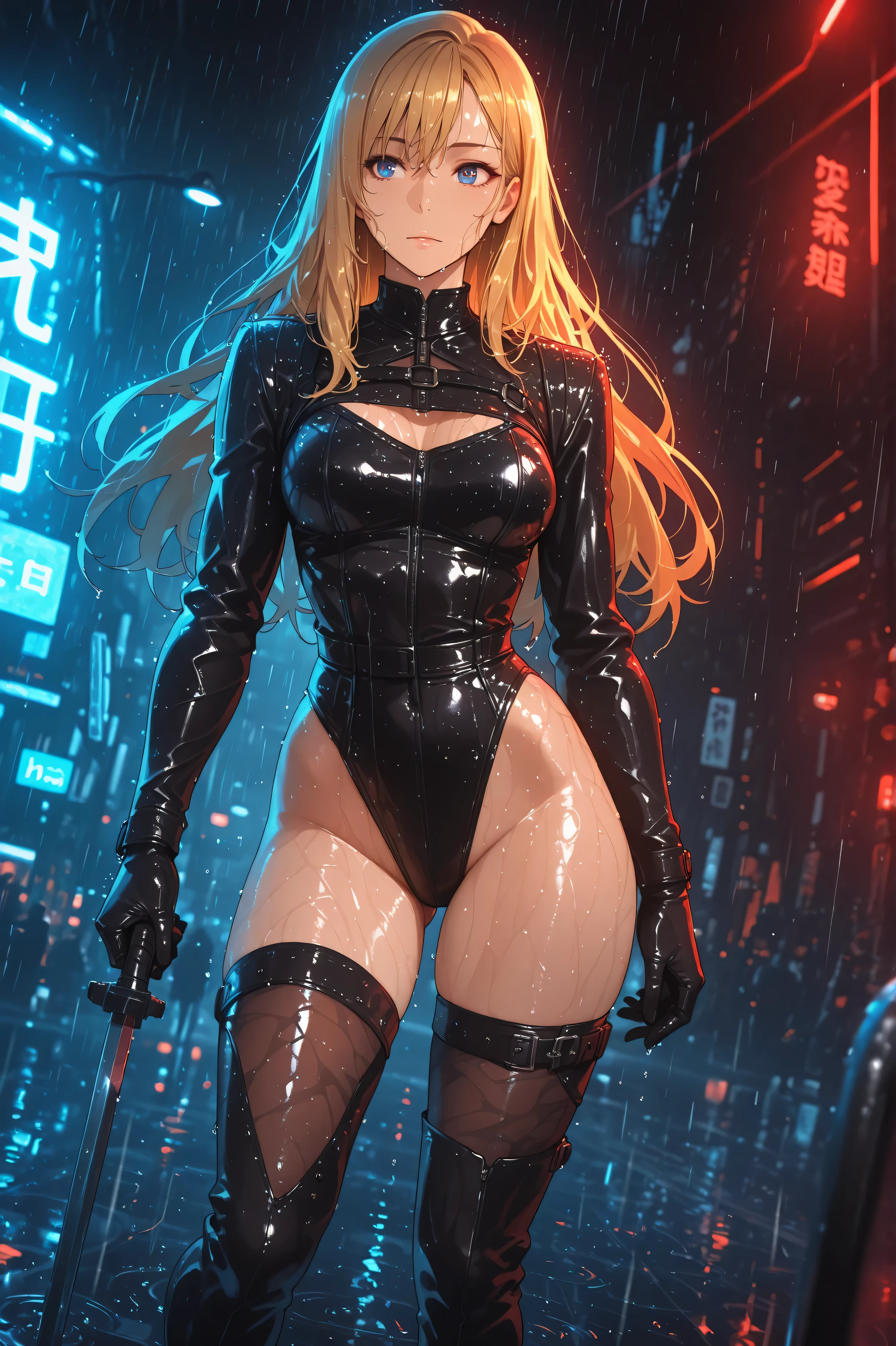 Beautiful woman, slavery clothes, blond, (leathery), revealing, sensuous, Skinned, ((アニメ)), illustration, full colors, foto perfil, Akira Toriyama style, toei animation, in a city at night, (cyberpunk style), medium breasts, breasts small, opaque colors