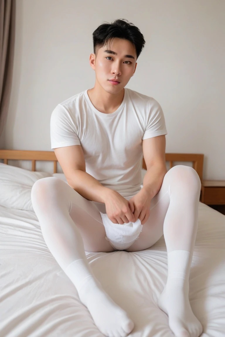 1 handsome young man,Young Asian Man,,thin,blink,Normal body , white panties, , Full Height , Cover photo, Instagram model , in the old warehouse , Stocking pose , sitting on the floor