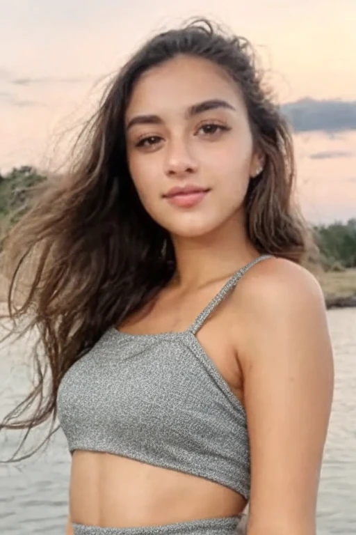 Albanian, girl, brown hair, blue eyes, short green top, Saranda, sun gazing, beach clothes, glowing eyes, beautiful skyline, feeling content, beautiful smile, wearing a black choker, perfect body, perfect hands,panoramic view