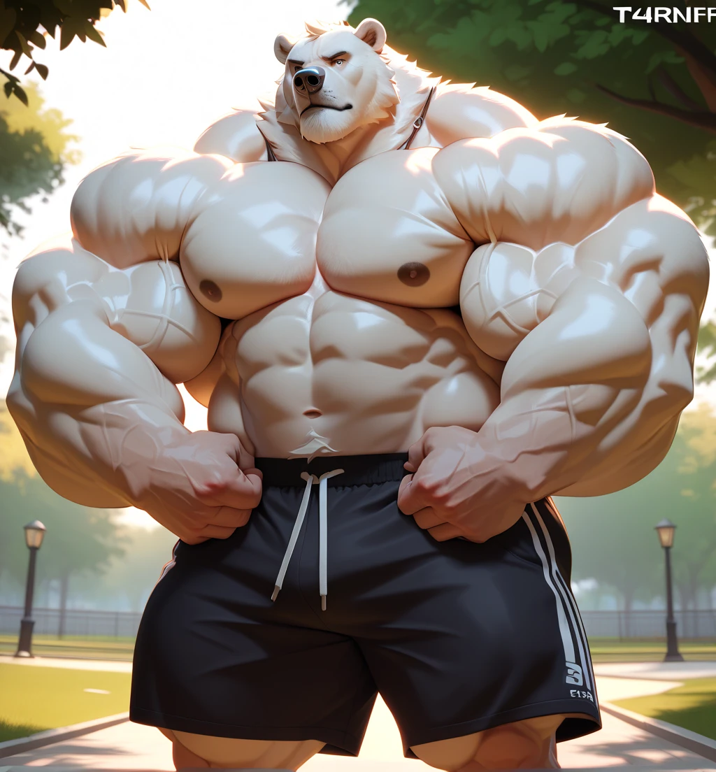 Lion, lion tail, muscular, jogging, fluffy, tall, huge, (((big pecs))), handsome, t-shirt, park, smile (((realistic, 8k, ultra details, masterpiece)))