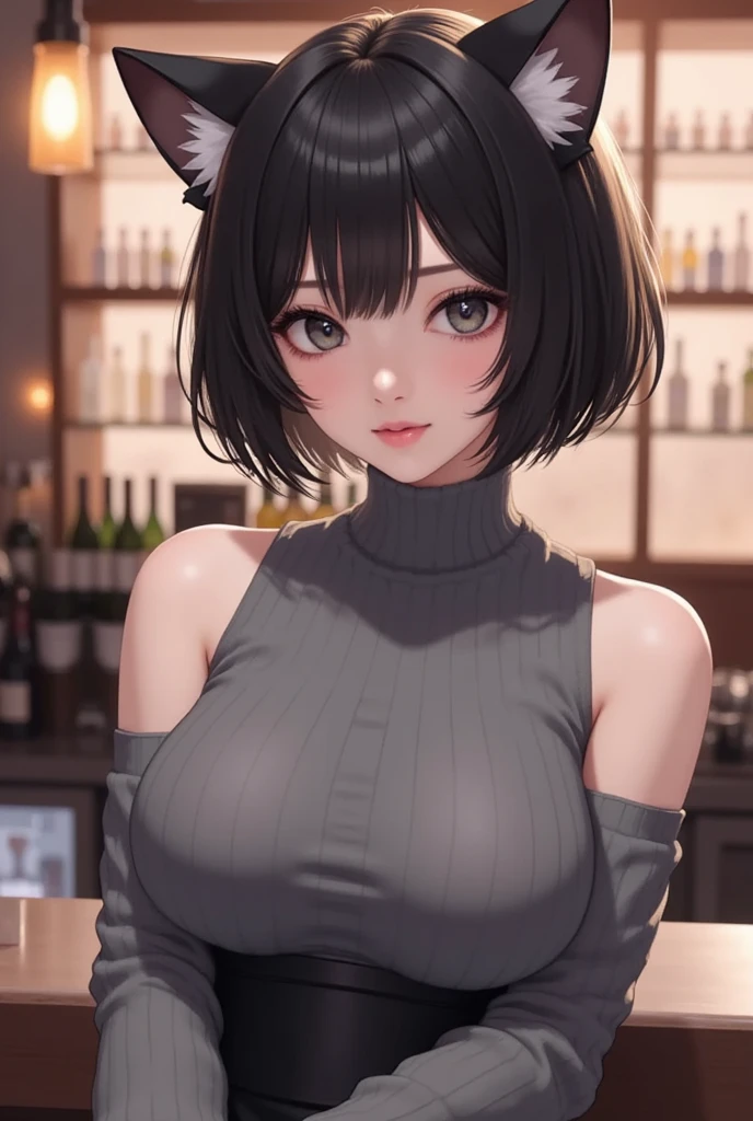 (8k, best quality, masterpiece:1.2),(best quality:1.0), (ultra highres:1.0), <lora:open-chest-sweater:1> 1girl,solo, upper body, open chest sweater, cleavage cutout, ribbed sweater, black hair, blue eyes, jewelry , hop earrings, large breasts, looking at viewer, red lips , colorful, hand rest, pov across table, hand rest, perfect hands ,<lyco:GoodHands-beta2:1.2>