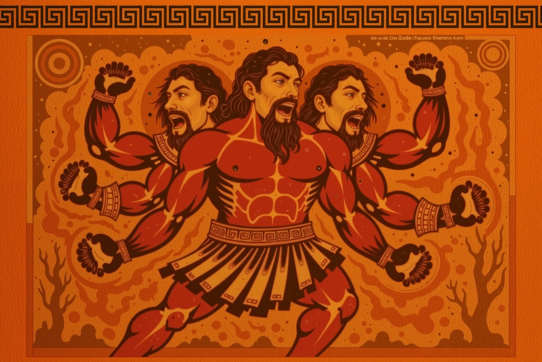 A colossal three-headed giant with long, thick, reddish-brown hair and beard. All three heads are roaring furiously, their faces twisted with rage. The giant has six powerful arms, spinning with violent force, creating a chaotic whirlwind around him. His slightly greenish body radiates raw energy as dust and debris swirl through the air. The sky above is stormy and dramatic. The entire scene is rendered in the artistic style of ancient Greek vase painting, using a color palette of deep brown, warm yellow, and black. The composition mimics traditional Greek pottery art, with bold silhouettes, stylized patterns, and decorative borders framing the mythic scene.
