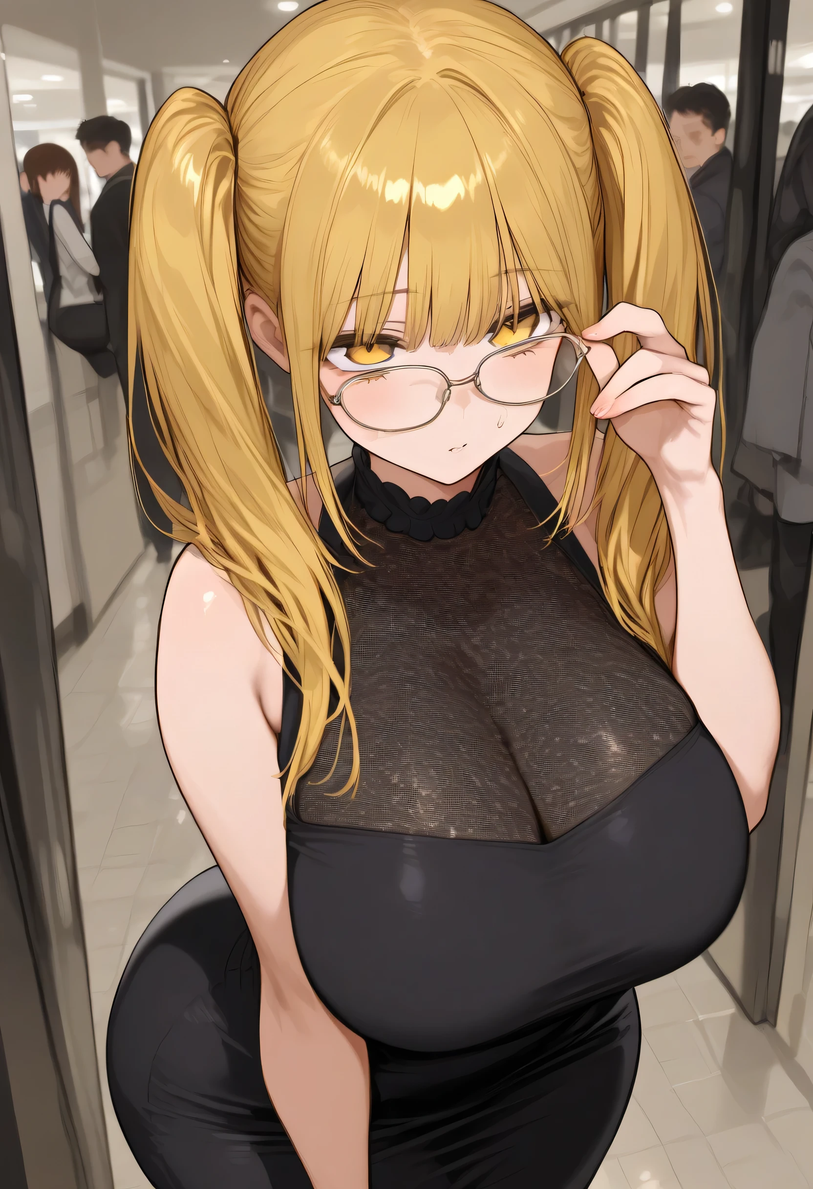 ((masterpiece)), ((Best Quality)), (Ultra-detailed), ((kawaii)), (Cute), (lovely), ((Sexy)), (Ero), (golden ratio), ((Extremely detailed)), 4K, (8K), Best Quality, (Beautiful), Illustration, Anime style, Painting, (Dynamic Angle), Cowboy Shot, (from wildcard:1.4), heavy outline, clear outlines, Gradation, (full body focus), (city), Cute ,1girl in, Solo, camisole, yellow hair, Beautiful random colored eyes, ((Beautiful eyes)), Slightly wheat-colored skin, random hair style, Buttocks, (gigantic and massive tits), glasses, (cool), (blush:1.5), sparkling effect, Lens Flare, shiny-glistening, gleaming