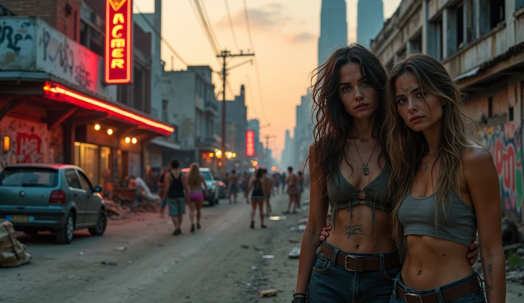 one beautiful woman, rebel, oval face, senseful lips, big brown eyes, 30 years old, slim sporty body, middle size breast, on a dark street surrounded by neon lights, cyberpunk lighting conditions, 3/4 body, half-side view, wearing black torn jeans, white tshirt and leather jacken, tail hair, bad girl, hands in the pockets, dangerous woman, rebelious look, clothes are whole and consitant, no text, night time, backgorund blurred, cinematic lighting, motion blur, film grain, very detailed, 30 years, dark brown eyes, high-res, masterpiece, best quality, intricate details, highly detailed, sharp focus, detailed skin, realistic skin texture, texture, detailed eyes, professional, 4k, 85mm, shallow depth of field, perfect fit body, extremely detailed, photo_\(ultra\), photorealistic, realistic, post-processing, maximum detail, roughness, real life, ultra realistic, photorealism, photography, 8k uhd, photography (grain of film) medium shot for closeup shot, longer slimer face, perfect face