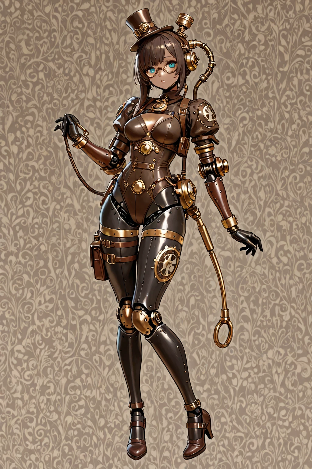 Sitting on a stool on a stage is a obviously steam punk mechanical puppet of a Malaysian woman, she has back lit eyes, a colorful Hijab (no hair showing) and a matching dress.