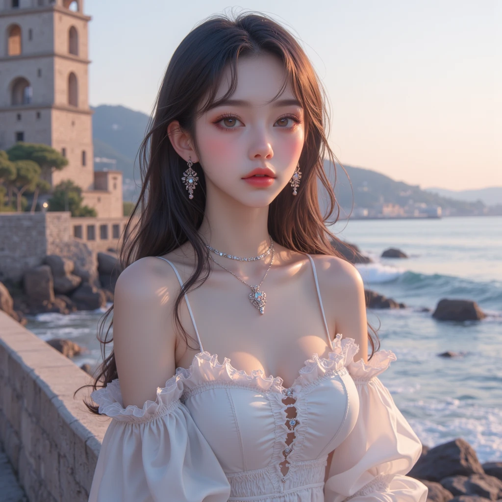 Beautiful woman with perfect body：1.4，Layered Hairstyle，Prominent cleavage，Highly detailed face and skin textures，Double eyelids，Skin Whitening，Long hair，Whitened long legs，（Princess dress，necklace），Standing by the sea