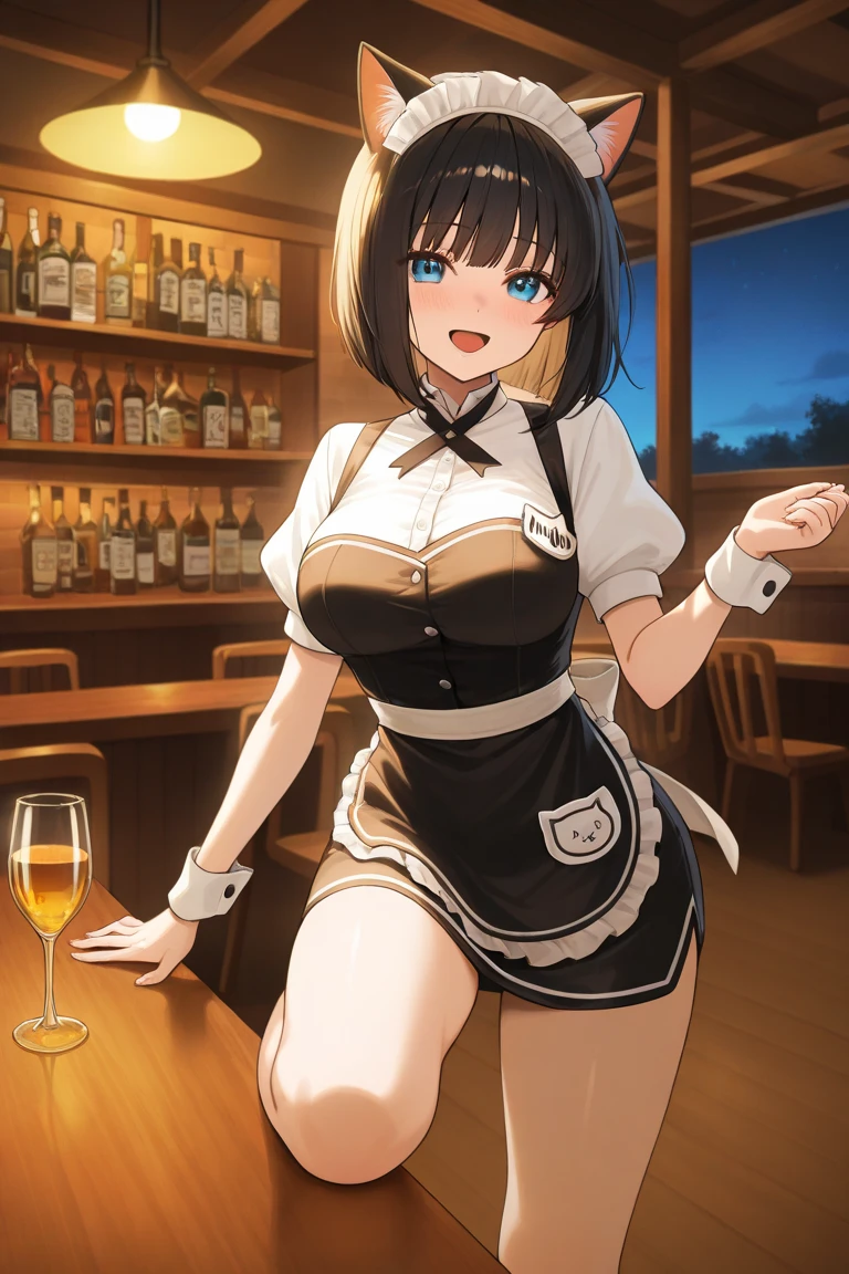 ((masterpiece)), ((Best Quality)), (Ultra-detailed), ((kawaii)), Cute, (lovely), ((Sexy)), (Ero), ((Extremely detailed)), 4K, (8K), Best Quality, (Beautiful), Illustration, Anime style, Painting, Dynamic Angle, Cowboy Shot, (from wildcard), heavy outline, clear outlines, Gradation, full body focus, Inside the bar counter, Cute little girl s, 1girl in, Solo, bartender, Bartender costume, shaker, black hair, Beautiful random colored eyes, ((Beautiful eyes)), White-skinned, short hair, Buttocks, (Colossal tits), (Light smile:1.2), sparkling effect, Lens Flare, shiny-glistening, gleaming