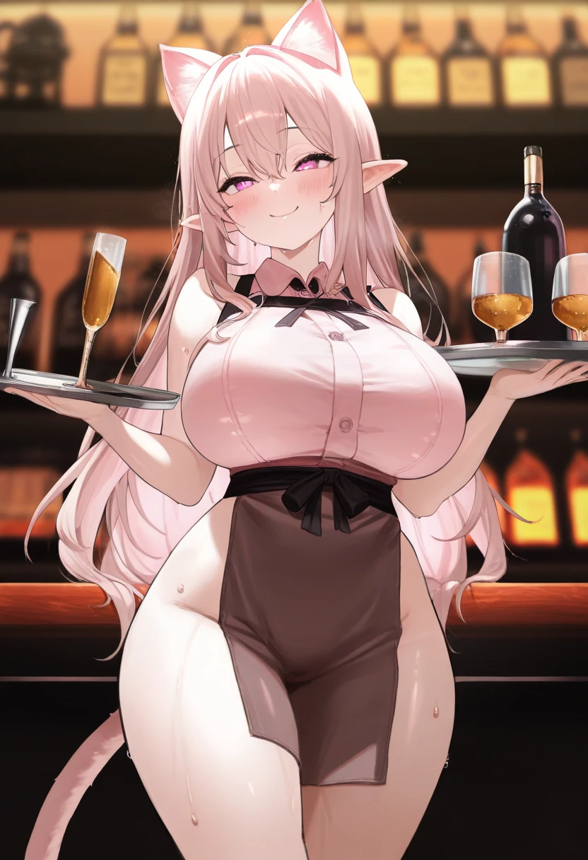 masterpiece,Highest quality,High resolution,Super detailed,courage \(star\),Pointed Ears,Long Hair,Ahoge,Red Hairband,Bunny ears,Playboy Bunny,casino,Holding Tray,Embarrassing,blush,Are standing,