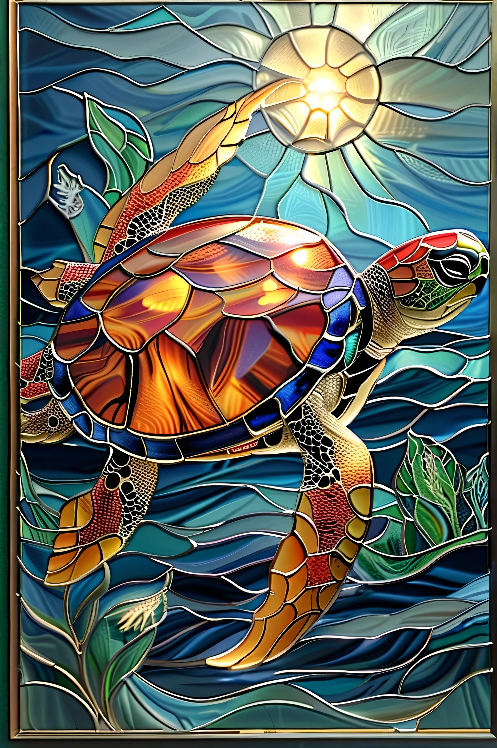 A glowing glass turtle swimming in a crystal-clear underwater cave, illuminated by neon coral and bioluminescent algae, reflections on its transparent shell, highly detailed, fantasy underwater scenery,Smooth