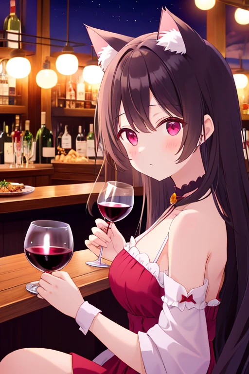 holding a wine, Upper Body, Realistic, real person, (pale skin: 1.2), RAW photo, photorealistic, portrait photography, shiny skin, shiny hair、(A 25-year-old woman with medium-length hair and bangs) and (wavy hair) and (brown hair) and (orange eyes) ,White off-shoulder blouse、smile, The background is the interior of a restaurant at night.、Alone、Sitting