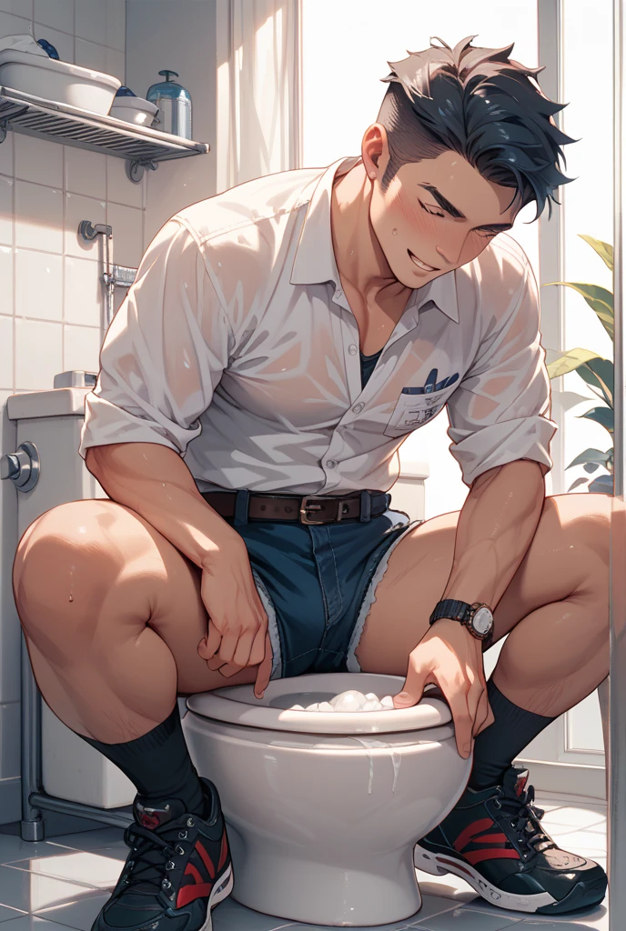 masterpiece, best quality, face, natural eyes, 1man, european, big feet, barefeet, (no shoes), full body, (in suits), large bulge, long legs, looking at viewer, 30 years old, muscled and mature, short haircut, sitting on the bathroom ground with legs streched, in shower, blue eyes, flush, organism, face covered with white fluids, sweating, tight cloth, erecting, shower head, water, steaming air, sitting on the ground, wet body, wet cloth