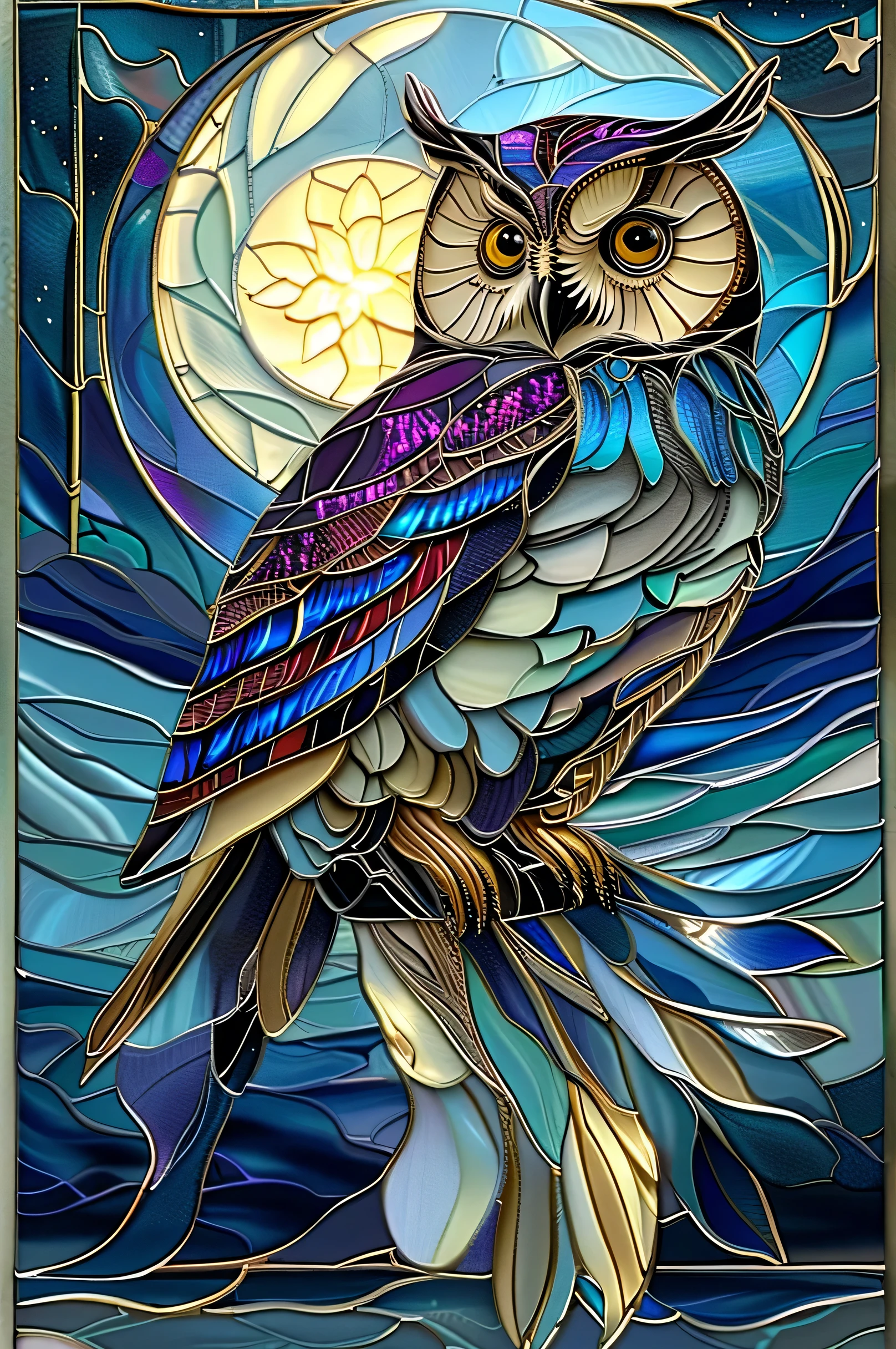 A translucent glass owl with glowing blue and purple patterns, flying through a starry night sky, wings shimmering with neon light, magical starscape in the background, ultra-realistic, cinematic and fantasy lighting,Smooth