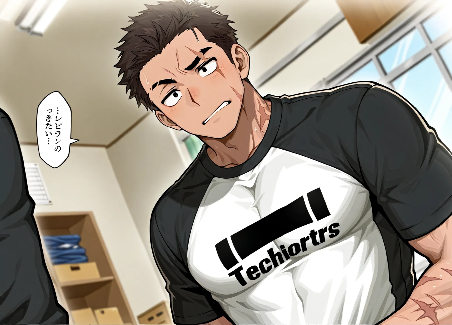 anime characters：Chris Redfield, Muscle Sports Student, Buzz Cut, Manliness, male focus, Sports tight hooded sweatshirt, Wear a black high-necked tights inside, Very tight, Huge chest muscles, muscular male, muscular, only, Upper body, alone, Red short hair, Thick eyebrows, stubble, Brown-red pupils, White background, simple background, amazing quality, best aesthetics, Ridiculous, crew cut, embarrassed, frown, nervous, negative space, best quality