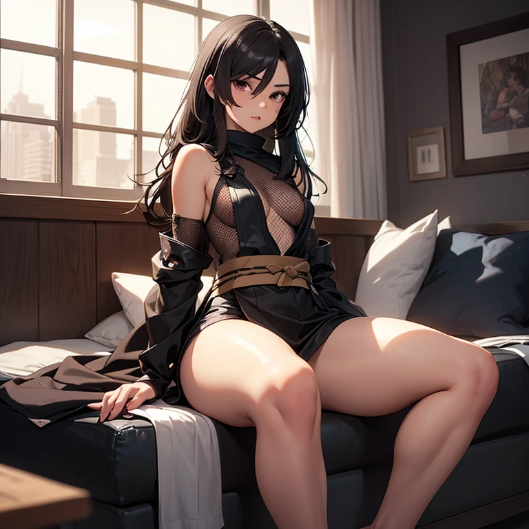 realistic image, detailed image, coherent image, 1 beautiful elf, she has very long hair, black hair, turquoise eyes, smiling, She is wearing a dongtan dress, showing her legs, She has a curvy body, medium breasts and thighs thick, She is sitting, posing sensually, arms hidden behind her back, chest sprouting, back arching, full body view, view from above, Soft focus, Dramatic shadows, Volumetric lighting, natural lighting, artificial lighting, White background,