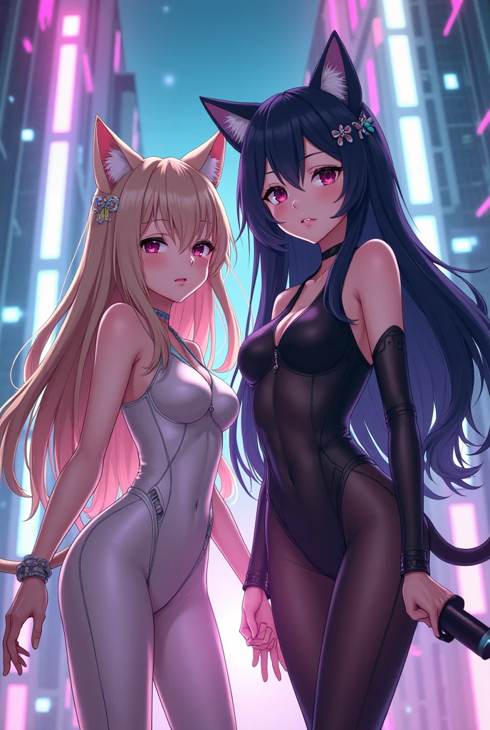 best quality, masterpiece, high resolution, CG, 3 Girls, Animal ears, Tail, Fox ears, Solitary, fox Tail, Large Breasts, High Leg Raise, Pink gray hair, multiple Tails, large breasts, Heart, Long hair, Hands on Hips, cleveage, black High Leg Raise, Looking at the audience, Bare shoulders, Facial Tagging, skirt,, nail, underwear, Alternative clothing, White fox girl, light, frank, photo, high resolution, 4K, 8k, Bokeh, Upper Body