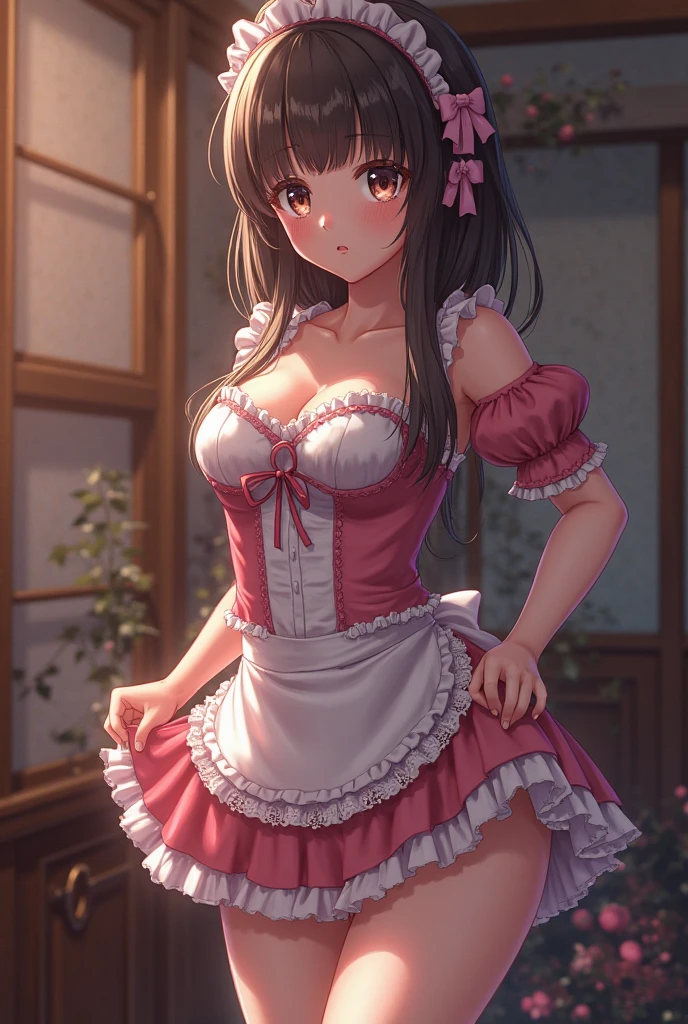 (大人のwoman:1.3)、exact number of fingers、Exact number of legs、Exact number of arms、bangs, ponytail, brown hair, (blush:1), (womanはメイド服を着て床に立っている:1), ((stylish maid clothes, Ribbon at collar:1.4)), woman, (pink lace panties, side-tie panties, satin panties:1.3), Liar, Thighhighs, garter belt, skirt lift, (shirt lift:0.95), (show off bra:0.97), (show off panties:1.2), realistic、 beautiful big breasts, slender body, (flip the skirt yourself:1.4), highest quality, High resolution, highly detailed face, perfect lighting, Very detailed CG, (perfect hands, perfect anatomy), embarrassed expression, The mansion's study, whole body