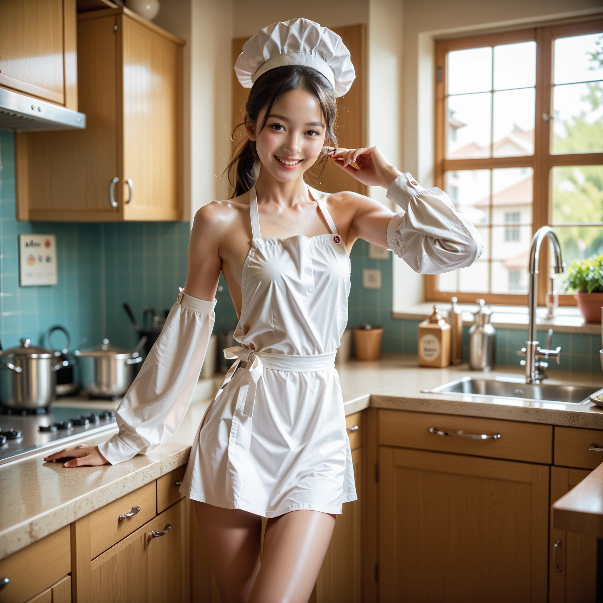 1 girl enters the kitchen,Young woman holding a knife and fork in her hand,There is a cake on the table.,smile softly,Shiny skin,large breasts,(gas bang),white strapless shirt,smile,white stockings,Wear a white apron,sexy white dress,,underwear,walking barefoot,naked,Show the whole body,upper leg,seductive pose,Sensitive skin,full body photo,best weight,Masterpiece,(realistically:1.4)Masterpiece,Short sleeves, black satin,Wear a white pleated headband.,white pleated apron,black choker,sexy, The chest mound is clearly visible.