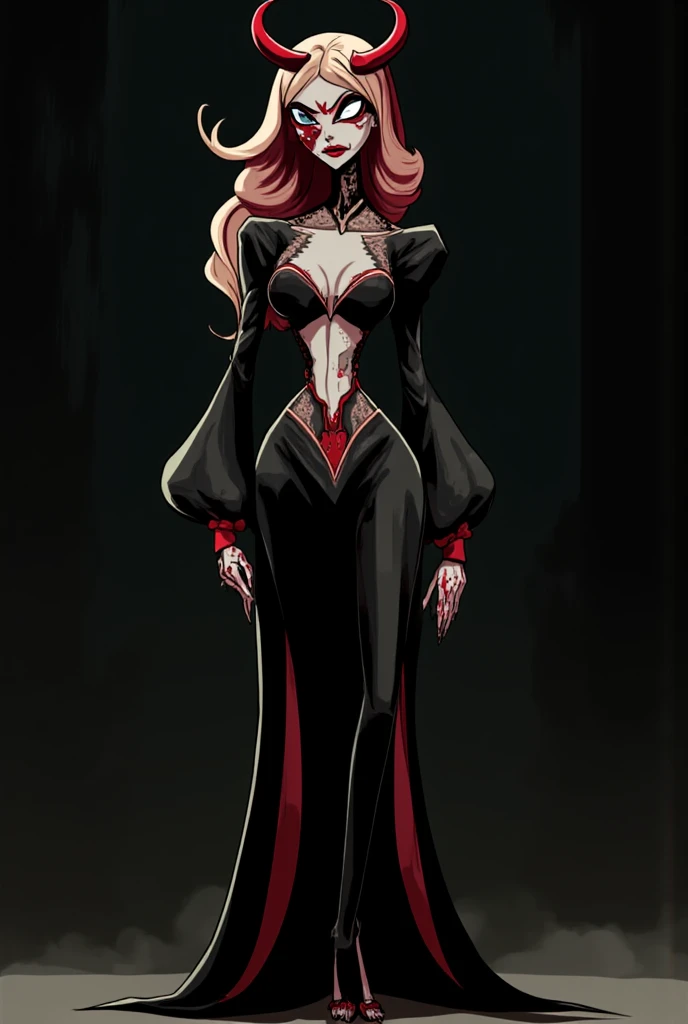 Tall, (thin), Red Skin Twi'lek with (gigantic breasts) wearing a black dress, choker, gigantic breasts, cleavage, tall, graceful, (tall), slim hips, small waist, full-body shot