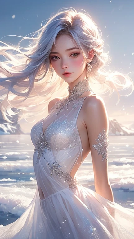 Best quality,Floral hair ornament, indian girl, indian model, smiley face, smile on face, indian goddess, big , cleavage, light blue eyes,Hair fluttering in the wind,smile,large ,Open chest, white dress, white miniskirt,beauty legs, walking in Uyuni Salt Flat, BoliviaBackground, Bolivia,a large body of water with a sky in the background, at salar de uyuni, pink reflections, light white clouds, white clouds, dramatic white clouds, at the salar de uyuni, white storm clouds, clouds in the sky, prismatic cumulus clouds, stunning light reflections, award winning landscape photo, white cloudy background, white landscape