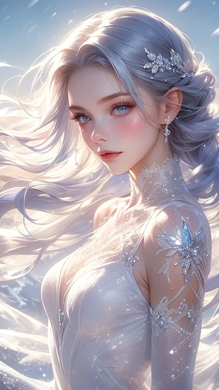 (Masterpiece, Top Quality, Best Quality, Official Art: 1.2), (1 woman), Full portrait of the most beautiful, sexy ethereal woman with snow-white hair, pastel highlights, framing a face of extreme detail and elegance. Frosty blue eyes are adorned with blue eyeshadow, complementing the blue jewels on her forehead. Long lashes and double eyelids are accentuated with dark purple mascara. Rosy cheeks add a touch of warmth to her ethereal beauty, and her glossy skin shines in the cinematic light, highlighting each and every realistic pore and wrinkle. Full sexy lips, painted with purple lipstick, complement