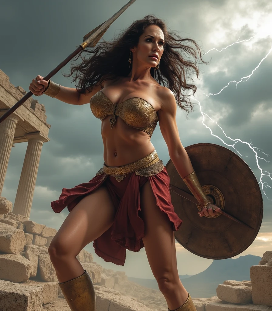 A fierce and powerful warrior woman in an epic battle, blonde, with intense determination in her eyes and a sword shining in one hand, an Amazonian shield on her arm. Bare breasts, (((topless))), The scene is set in a landscape of Greek ruins, with broken columns and much rubble, dark clouds, storm clouds swirling in the sky and debris covering the ground, combat pose, showing its strength and agility, the lighting is spectacular, casting strong shadows and emphasizing its strong silhouette. It captures the energy and intensity of the moment, with bursts of burning sparks and dust swirling around it. Creates a highly detailed and realistic representation, with intricate armor, battle scars, battle wounds and flowing hair. Showing the tension in his muscles and determination in his expression. This piece must be a true work of art. masterful, showing the best quality and attention to detail, frontal shot.