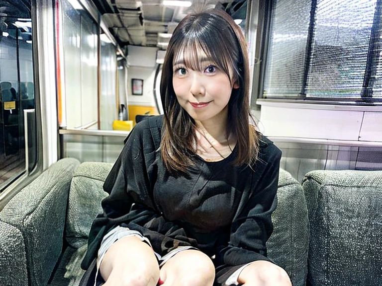 (Girl sitting on a seat on a Japanese train:1.2、Sit in a chair on the train、face to face)、((Mine system、Blouses with ruffles、(black flared skirt:1.2)、Knee-high socks、sneakers、I can see your chest)、(Realistic、Like a photograph、Live Action、8k, Realistic, RAW Photos, Best image quality: 1.4), Single-lens reflex camera、RAW Photos, Highest quality, Realistic, Highly detailed CG Unity 8k wallpaper, Written boundary depth, Cinematic Light, Lens flare, Ray Tracing, Realistic background、((Ultra-Dense Skin))、16-year-old girl,Cute Japanese Girl、(whole body:1.5)、Very detailedな顔，avert your eyes:1.1、(Long Hair:1.2)、I like that style、stylish、Very detailed、Pay attention to the details、Perfect outfit、(Sunburned skin)、View from above、Accurate hands、Accurate legs、Detailed hands and fingers、Anatomically correct body、Thin legs、Thin thighs、Small breasts、Super detailed face