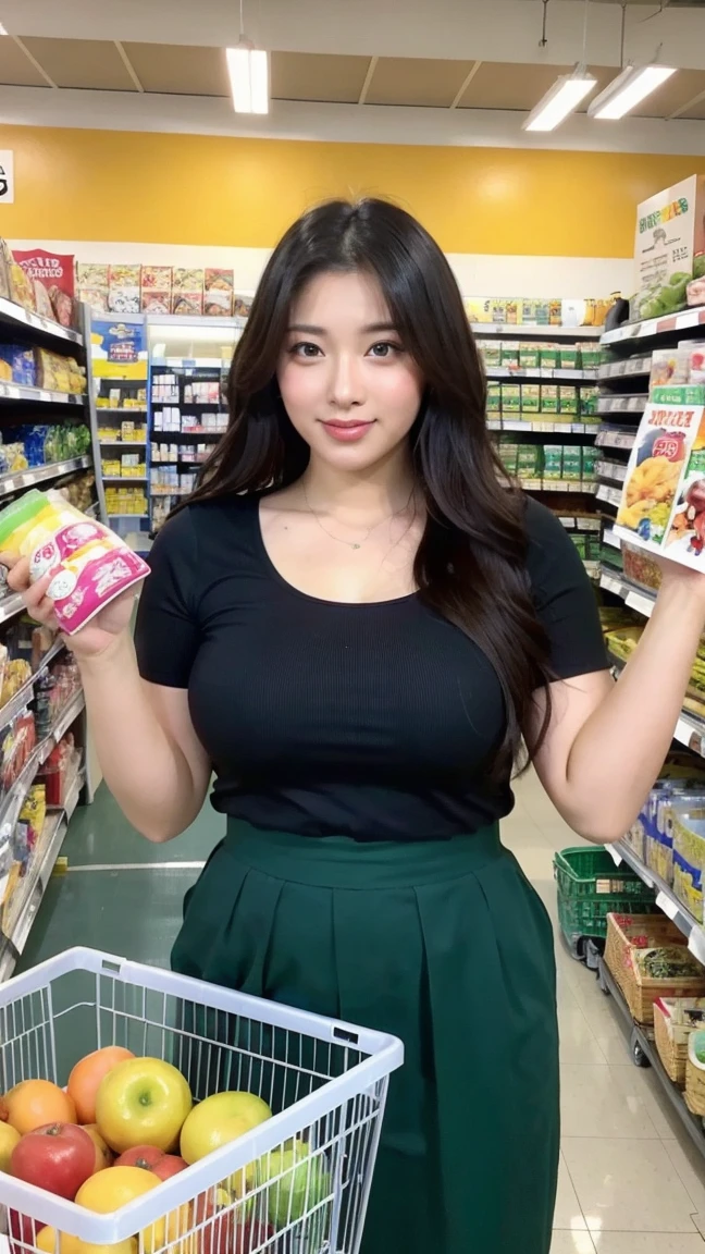 supermarket,40 years old adult、Japanese woman、Low-cut、Sexy, Big breasts,delicate skin、masterpiece、Beautiful breasts、high quality、Super beautiful、face hd、The makeup is very light、Glowing and beautiful skin、The beauty of transparency、Reality、Looking at the camera、Skin Whitening、Full body shape、Undershirt,Pushing a shopping cart