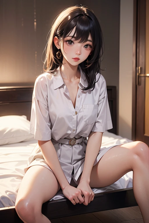 Blushing lightly and smiling, (Top quality masterpiece:1.2) Delicate illustrations, Very detailed, /Beautiful Japanese Woman、1 person,Very cute and slim、Excellent style 、((8K images、super high quality))、Very delicate face, Beautiful forehead、Beautiful thighs、Beautiful feet、Deep red lipstick,(((((short hair、Light brown hair、Blonde hair))))),very cute、Kind eyes,(White shirt、Tight Skirt)、starry skies、Tokyo night view、Cafe、Date