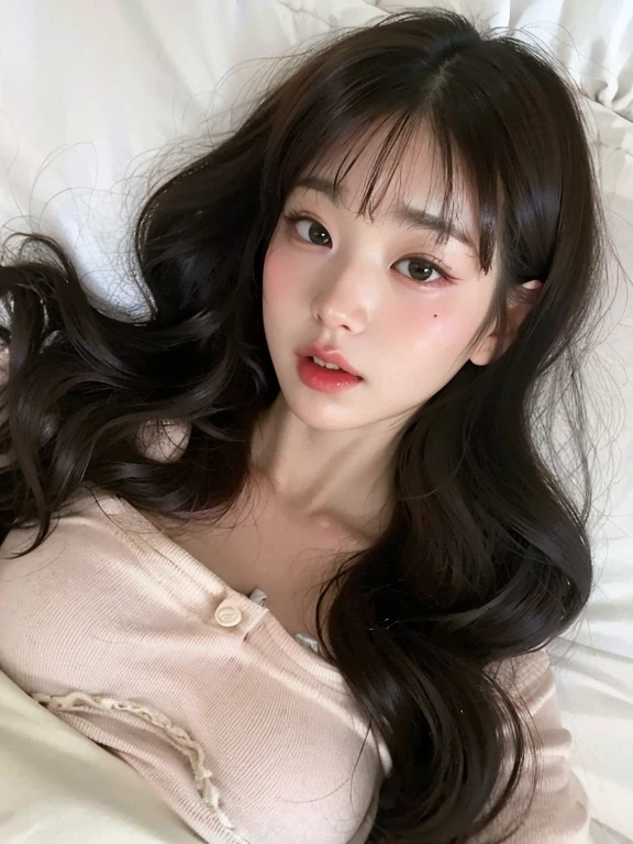 Mujer araffe acostada en la cama con la mano en la mejilla., ulzzang, Hermosa joven coreana, Chica coreana, Joven y adorable rostro coreano, Hermosa joven coreana, Jaeyeon Nam, Hermosa mujer surcoreana, Cabello largo con flequillo completo, Cabello limpio con flequillo, Wan adorable cara coreana, Pelo largo con flequillo, Sakimichan, Jinyoung Shin
